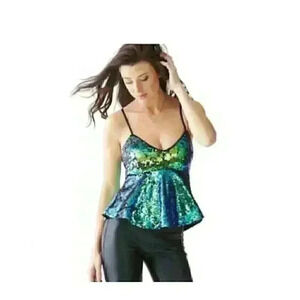 NWT Woman’s Guess Green Blue Yellow Sequence Shifting Peplum Top Medium